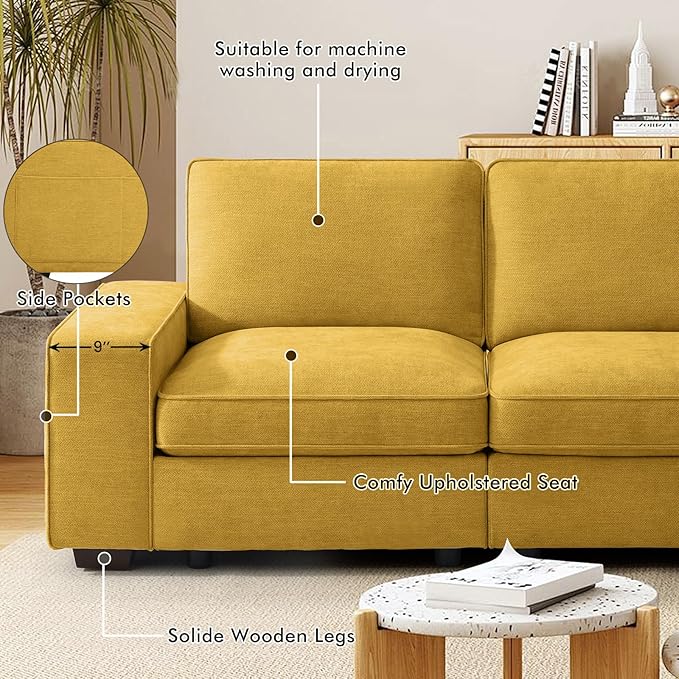TEKAMON 128 Modular Sofa Couch with Seat Storage Chenille SofaModern Comfy 4-Seater Couch for Living Room Office Apart W/Deep Seat Wide Armrest USB Pockets Removable Covers (Yellow)