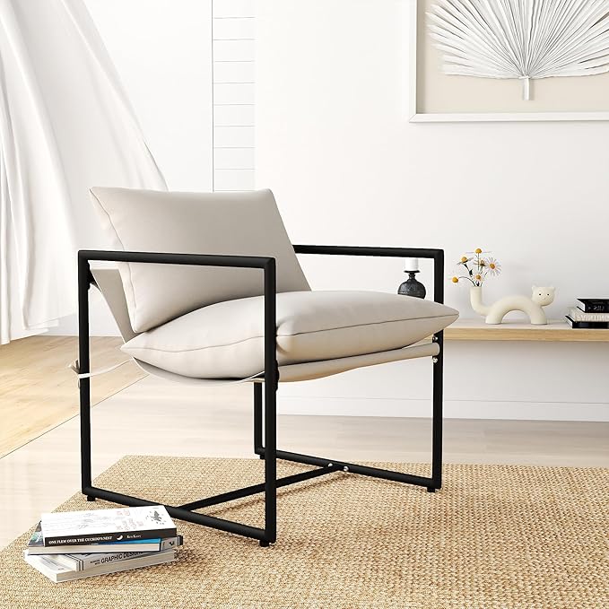 Modern Accent Chair with Arms Comfortable Living Room Seating Square Metal Frame Soft Upholstered Cushion Sponge Filling Easy to Assemble Beige