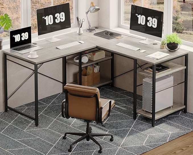 Bestier L Shaped Desk 95.2 Inch Reversible Corner Computer Desk with Shelves 2 Person Long Table for Home Office Large Writing Storage Workstation with 3 Cable Holes Rustic Brown Grey Oak