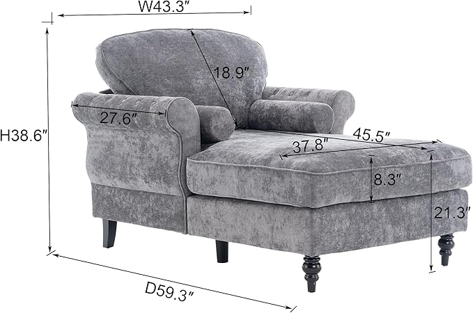 KEIKI Oversized Chaise Lounge Chenille Upholstered Single Sofa Couch BedLazy Sleeper Armchair for Living RoomBedroom
