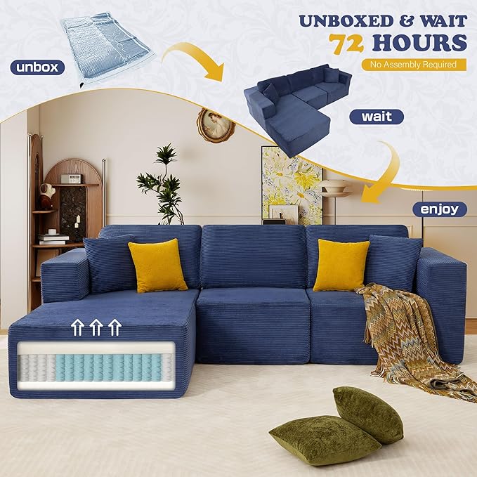 109” Cloud Sectional Couch Boneless Modular Sofa with L-Shape Chaise Deep Seat Corduroy Couch No Assembly Required Modern Upholstered Sectional for Living Room Apartment Bedroom