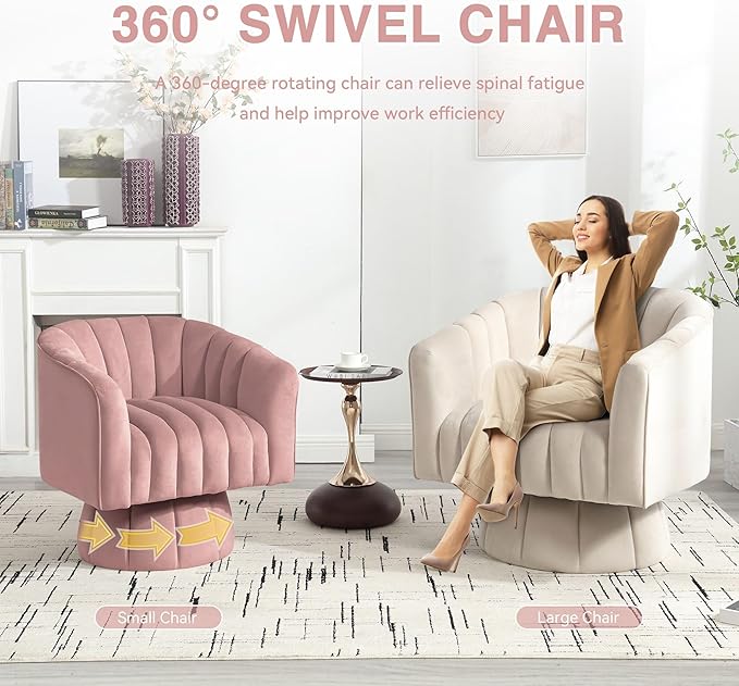 YSICK Swivel Accent Chair 360°Swivel Barrel Chair Modern Ottoman with Velvet Fabric Mid-Century Ottoman with Wide Upholstered Round Armchair for Living Room Lounge BedroomPink