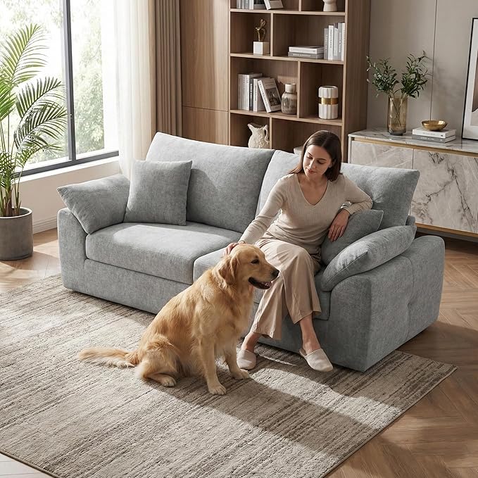 89.8 Modern Loveseat Sofa for Living Room Cloud Boneless Couches with 4 Pillows Mid Century Loveseat couches for Small Place No Assembly Required Light Grey