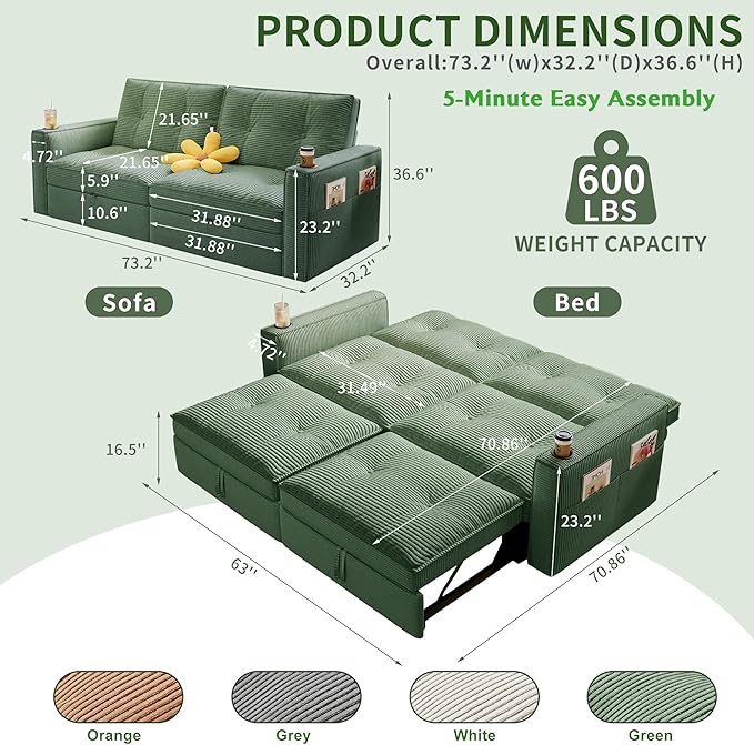 73.2'' Sleeper Sofa Bed Full Size Corduroy Futon Couches Convertible Pull Out Couch 5min Assembly Adjustable Backrest USB Pocket Modern Loveseat for Small Space Living Room Green