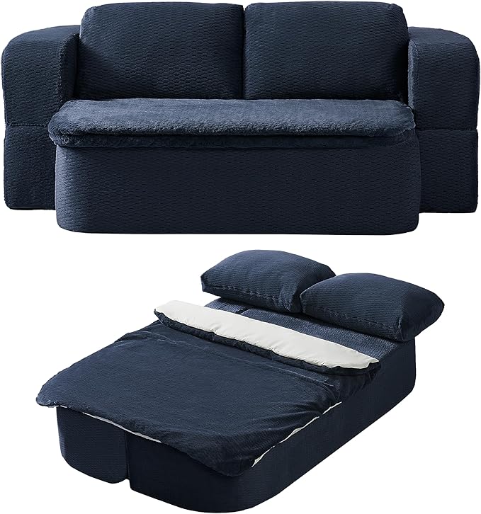 74.8 Inch Convertible Sleeper Sofa Bed Compressed Loveseat Sofa Folding Floor Mattress with Pillows and Blanket Small Couches for Living Room Bedroom Lounge No Assembly Required (Dark Blue)