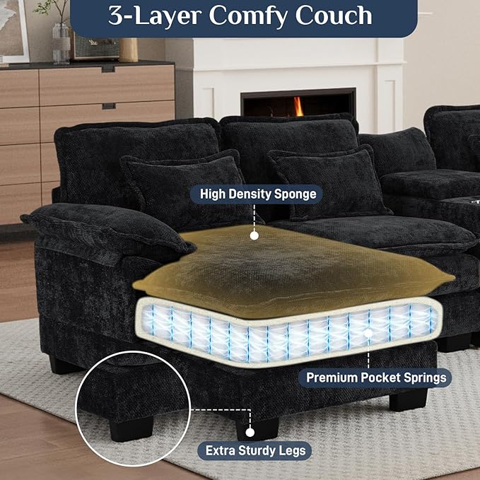 133 Oversized U Shaped Cloud Couch Modular Sectional Couches for Living Room Comfy Chenille Deep Seat Sofa Set with Double Chaise Lounge Storage Central Console Cup Holders USB Port Dark Black