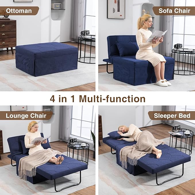 4 in 1 Sleeper Chair Convertible Sleeper Sofa with Ottoman Ottoman Bed for Adults Sofa Bed with Adjustable Backrest for Living Room Apartment Office Jean Blue