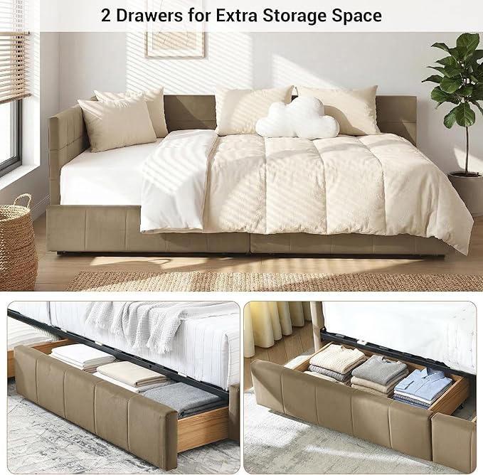 Queen Corner Bed Frame with Storage Drawers Modern Velvet Upholstered Sofa Day Bed Frame with Wood Slats for Living Room Bedroom Guest Room No Box Spring Needed Brown