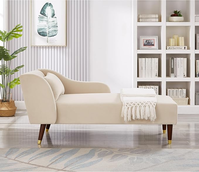 58 Modern Velvet Sofa Chaise with Tilted Backrest Comfortable Luxurious Lounge Chair with Curved Armrests Stylish Sofa Couch with Solid Wood Legs for Study Room Apartment Bedroom Living Room Beige
