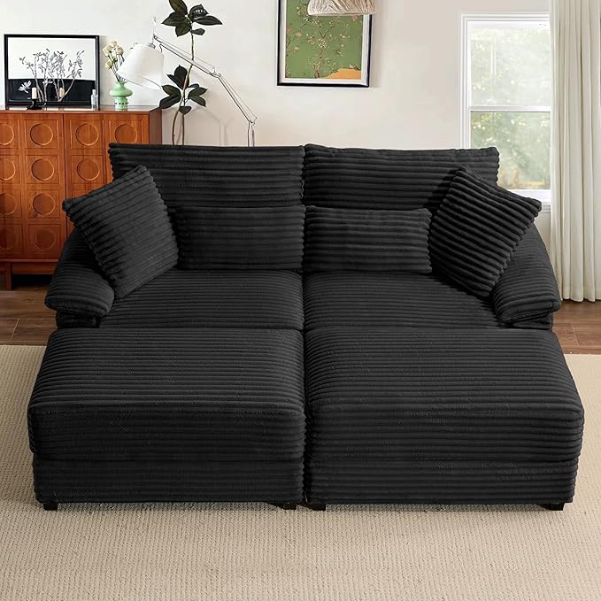 SUNWAVE 74 W Double Chaise Lounge Chair Indoor Oversized Loveseat with Storage Ottoman Corduroy Couch with USB Charging Removable Ottoman and Coffee Table Cushions for Living Room Bedroom
