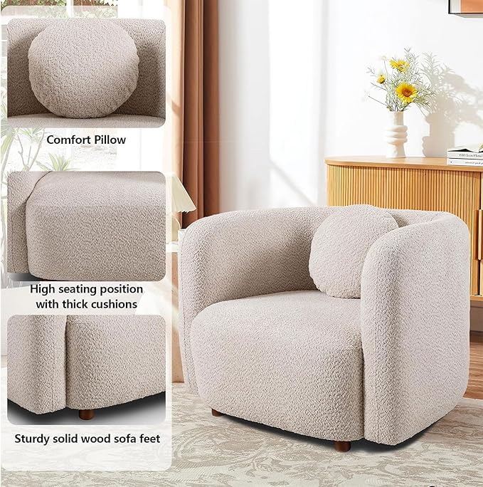 Set of 2 Oversized Accent Chairs Modern Boucle Lounge Chairs for Living Room Minimalist Japandi Seating with Thick Cushion Cozy Upholstered Armchairs for Bedroom Apartment Small Spaces Beige
