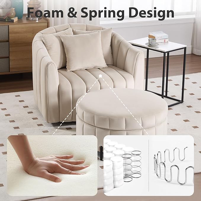 Chifee &amp Vingol 40.35 W Swivel Accent Barrel Chair with Ottoman Velvet Round Barrel Chair with 3 Pillows 360 Degree Swivel Armchair for Living Room Bedroom Beige