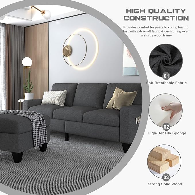 78'' Convertible Sectional Sofa Couch: Dark Grey 3 Seat L-Shaped Sofa Couches with Storage Ottoman and Pockets - Modern Linen Upholstered Sofa Couch Sets for Living Room Office Apartment Small Space