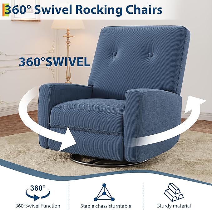 Recliner Chair 360° Swivel Rocking Glider Chair for Adults with Adjustable Backrest &amp Footrest Cozy Corduroy Upholstered Armchair for Living Rooms Bedrooms Blue
