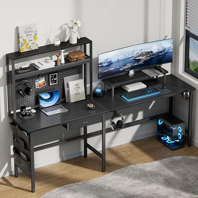 HLDIRECT L Shaped Desk with LED Light &amp Power Outlet 67 Inch Reversible Corner Gaming Desk with Storage Shelves &amp Drawer Computer Table with Monitor Stand Home Office Work Study Black