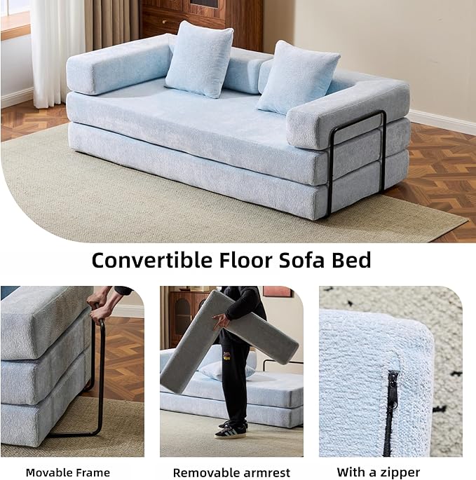 Convertible Floor Sofa Bed Fold Out Floor Couch with Pillow Back &amp Armrest Compressed Couch with Fixed-Shape Frame Chenille Foldable Sleeper Sofa Bed for Living Room Bedroom Light Blue
