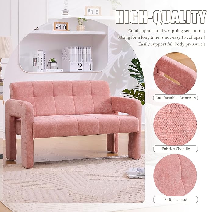 47'' Modern Loveseat Comfortable Small Couch for Two with Chenille Fabric Minimalist Accent Chair for Bedroom Office Entryway Dorm (Pink)