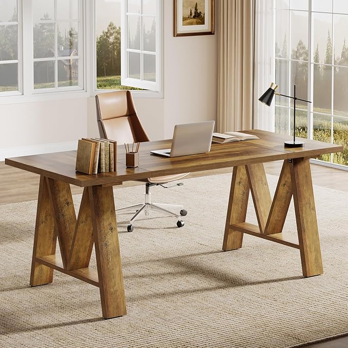 Tribesigns 63 Executive Desk Farmhouse Wooden Office Computer Desk Large Workstation Writing Table with Sturdy Legs for Home Office Brown
