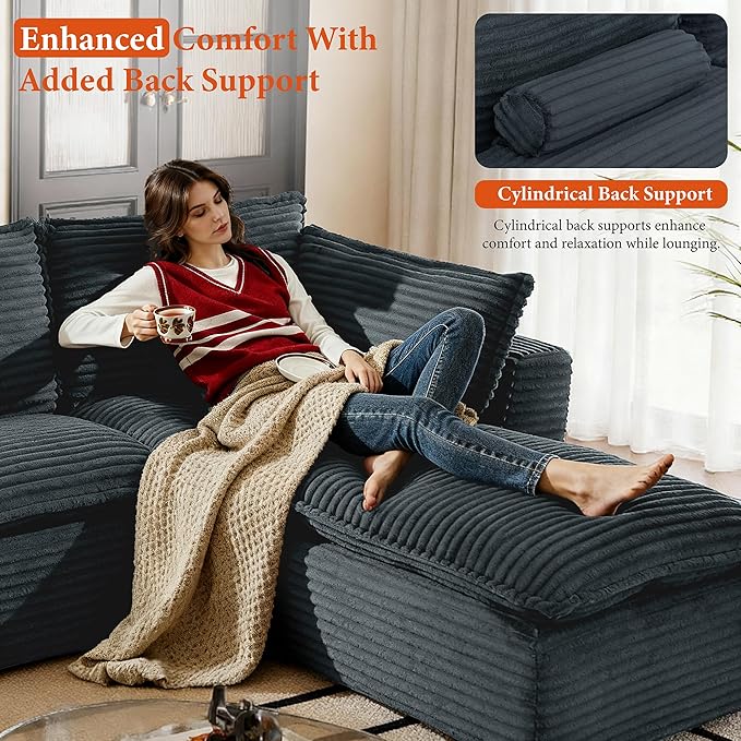 110 Sectional Couches for Living Room Boneless Couch Upholstered Cloud Couch Sectional Modular Sectional Sofa with L Shaped (Corduroy-Dark Grey 3 Seat+1 Ottoman)