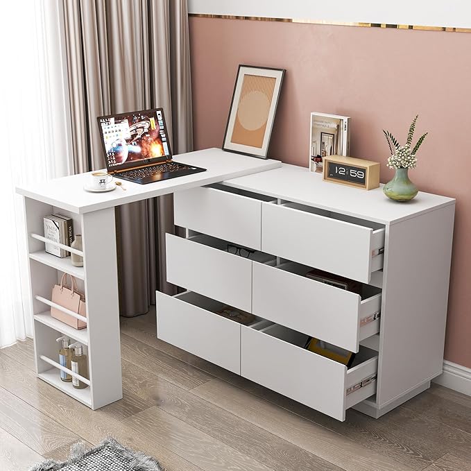LUMISOL Home Office Desk with Reversible Storage Cabinet L-Shaped Computer Desk with Drawers and Side Storage Shelf Multi-Functional Writing Desk Workstation for Office Dorm Apartment White
