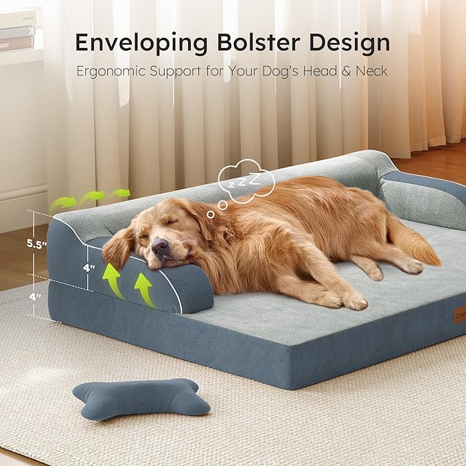 XXL Orthopedic Dog Bed Big Dog Bed for Large Dogs Dual-Sided Pet Cooling Beds with Memory Foam Washable Cover Nonslip Bottom Waterproof Pet Couch with Bolsters Dark Grey