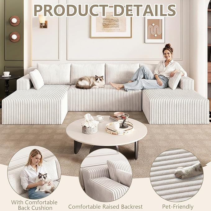 124 U Shaped Cloud Couch Sectional Corduroy Upholstered 4-Seater Cloud Couches for Living Room Deep Seat Modular Boneless Sofa with Lounge Chaise No Assembly Required White