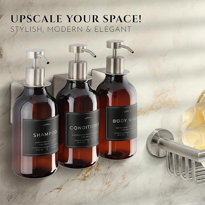 Shower Shampoo Dispenser Wall Mounted – 3 Refillable 16.9 oz Amber Bottles with Stainless Steel Pumps &amp No-Drill Adhesive Holders – Soap Dispenser Set for Bathroom (3 X Amber/Silver)