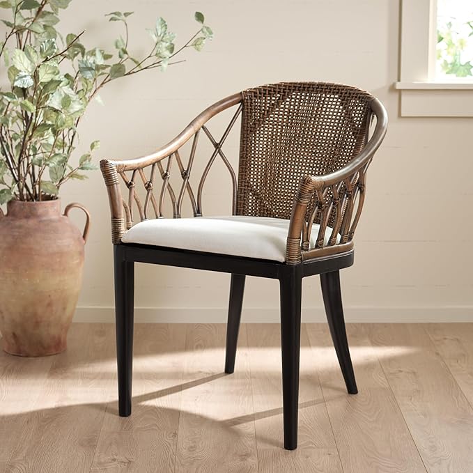 SAFAVIEH Home Collection – Miyomi Brown Rattan Arm Chair with Ivory Seat Cushion Coastal Modern Design Fully Assembled (ACH4900A)