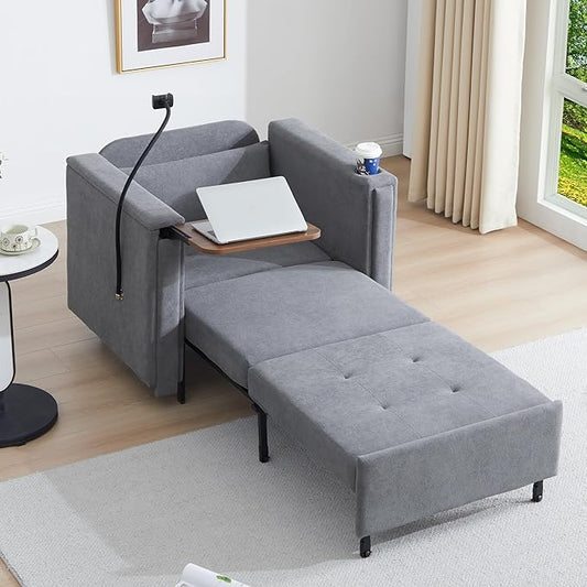 LEVNARY 3-in-1 Convertible Sleeper Chair Pull Out Bed Single Sofa Chair Sleeper for Adults with Hidden Side Table Modern Chenille Fabric Armchair for Bedroom Dorm Home Office (Gray)