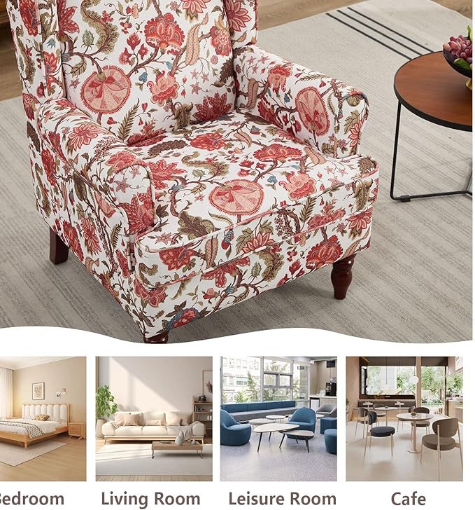 Anwick Modern Floral Accent Chair Upholstered Armchair Wingback Chair with Wooden Legs Single Sofa Reading Chair Accent Chairs for Living Room Bedroom Office (Red)