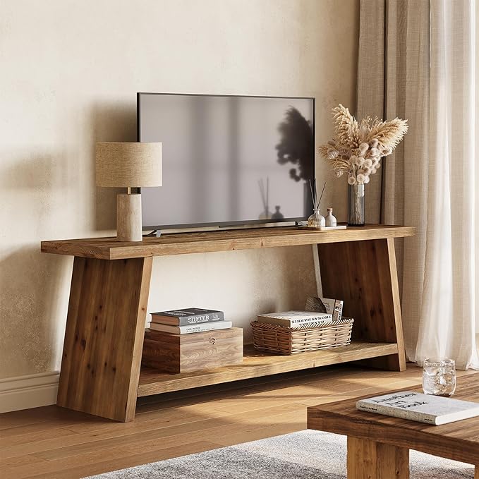 LITTLE TREE Solid Wood TV Stand Farmhouse Media Console for 55/60/65 inch TV 2-Tier Mid-Century Modern TV Stand with Storage for Living Room Entertainment Center (Walnut 63-Inch)