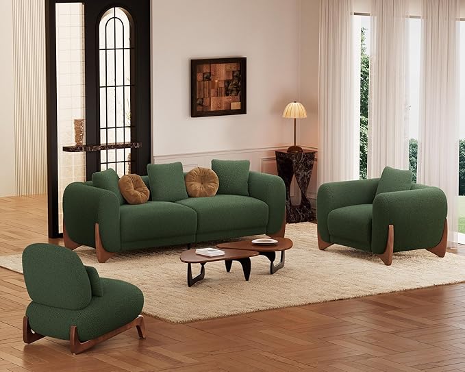 Morden Fort Modern Cloud Couch - 3 Seater Sherpa Boucle Sofa with Wood Legs Ultra-Thick High Resilience Cushion with 3 Matching Pillows Upholstered Comfy Couch Sofa for Living Room - Forest Green