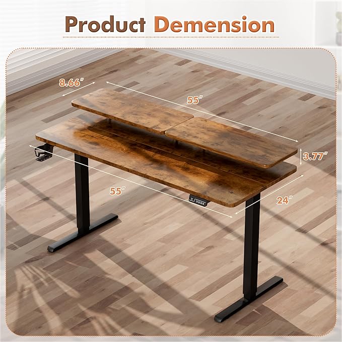JUMMICO Electric Standing Desk Adjustable Height Desk 55 x 24 Inch with Monitor Stand (Rustic Brown)