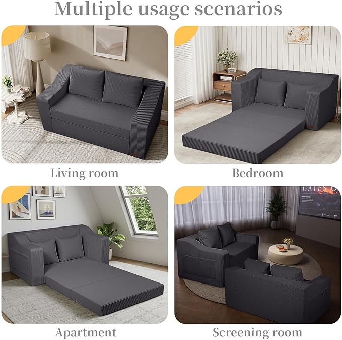 MeMoreCool Convertible Sofa Bed Pull Out Loveseat Sofa Sleeper Couch for Bedroom Living Room Lounge 2 in 1 Small Couch Bed with Pillow Foldable Love Seat Futon Corduroy Grey