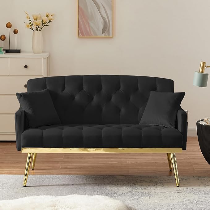 Velvet Tufted Small Loveseat Sofa Modern 2 Seater Small Sofa Couch with Gold Metal Legs and 2 Pillows for Living Room (Black)