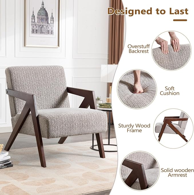 Bonzy Home Mid-Century Modern Accent Chair Set of 2 with Wood Frame Upholstered Armchair for Bedroom &amp Living Room Linen Fabric Cushion Z-Shaped Armrest Design Sturdy Lounge Chair
