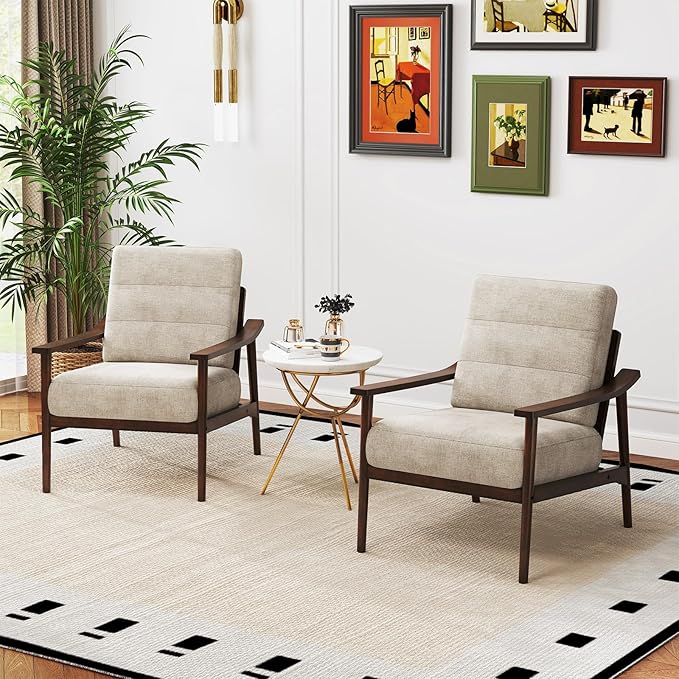 Giantex Mid Century Modern Accent Chair Max Load 440 LBS Upholstered Living Room Chair with Rubber Wood Armrests &amp Legs Removable Back Cushion Comfy Reading Arm Chair for Living Room Bedroom
