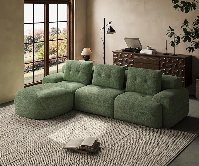 112'' Modular Sectional Sofa Couch with Chaise Full-Foam Structure Compression Packaging Design Woven Texture Upholstery Oversized Modern Sofa for Living Room – Sage Green
