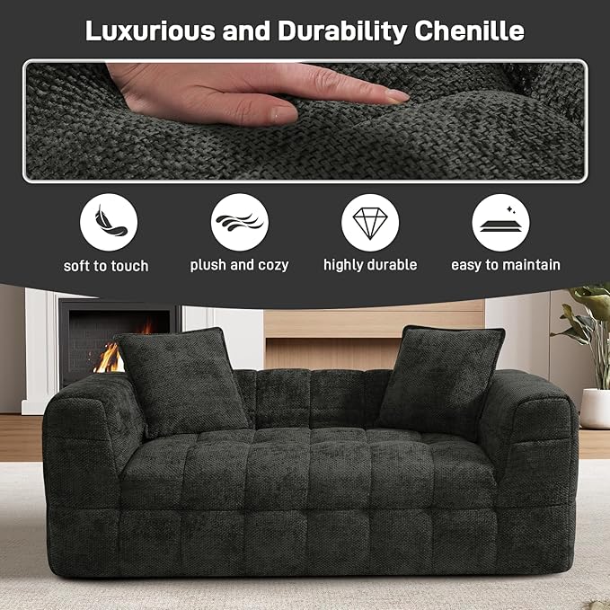 66.5 Loveseat Boneless CouchComfy Cloud Sectional Sofa with Deep SeatModern Upholstered Chenille Love Seat Sofa Small Couches for Living Room No Assembly Required Tufted Sofas Black