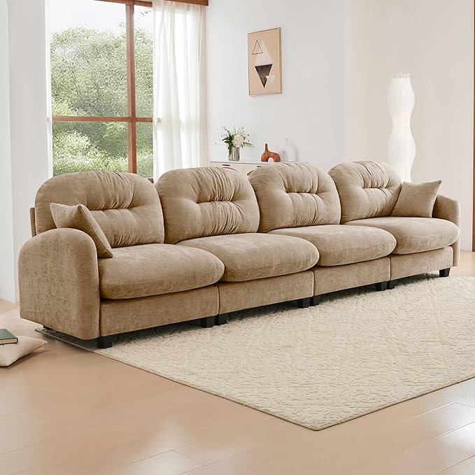 KEIKI 140 Oversized Chenille Modular Sectional Sofa with High-Density Foam Cushion and Tufted Pleated Cushion Backrest Upholstered Modern 4-Seater Cloud Couch with 2 Pillow for Living Room Camel