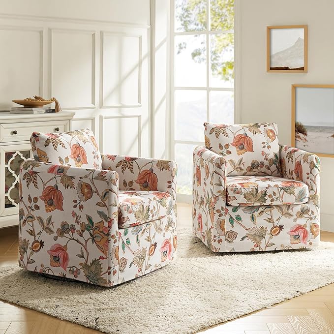 HULALA HOME Swivel Accent Chairs Set of 2 with Removable Cover Floral 360-degree Swivel Barrel Chairs Upholstered with Reversible Seat Cushion for Living Room Floral