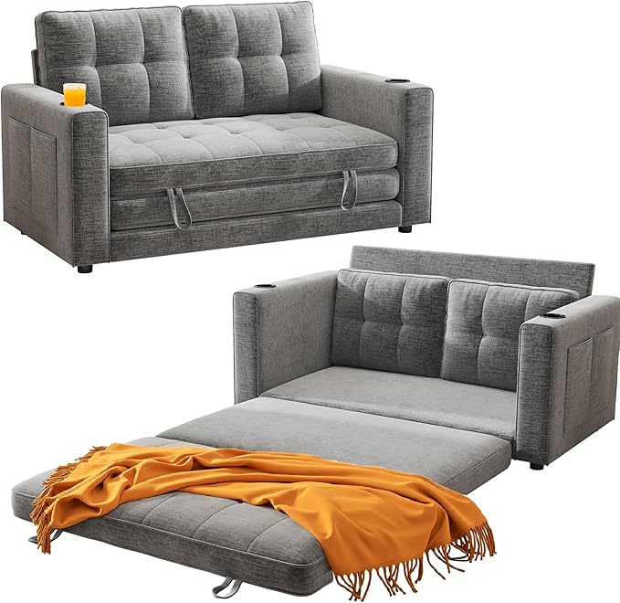 WorthFurni Convertible Sofa Bed Folding Sofa Bed 2 in1 Pull Out Loveseat Sleeper Sofa Floor Sofa Bed for Small Spaces Folding Couch Bed with Pillows for Living Room Bedroom - Grey