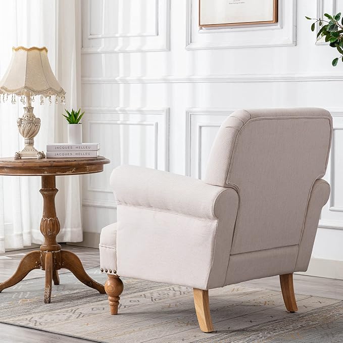 Beige Linen Fabric Accent Chairs Set of 2 Modern Farmhouse Upholstered Armchairs with Nailhead Trim &amp Ball Turned Legs French Country Club Chairs for Living Room Bedroom Guest Room