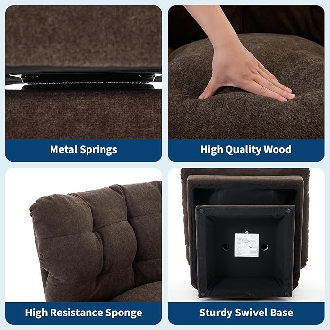 Chenille 360° Swivel Accent Chair Modern Comfy Sofa Chair with Oversize Base 20.8 Extended Seat Thick Cotton Padding 300Lb Load Capacity Upholstered Chair for Living Room Bedroom OfficeBrown