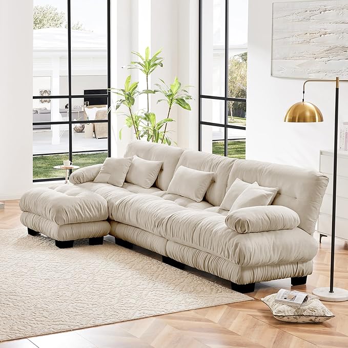 Setawix Luxury Modular Sectional Sofa Couch with Deep SeatOversized L-Shaped 3 Seater Sofas with Curved ArmrestComfy Chenille Cloud Couch for Living RoomLight Coffee