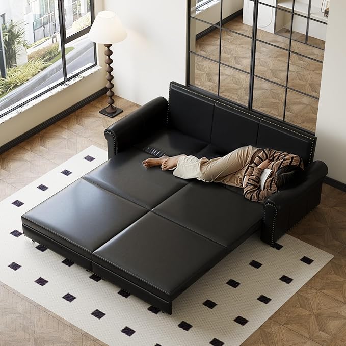 93.7 King Size Chesterfield 3-seat Pull Out Sofa Bed Leather Sofa Bed with Nailhead Trim and Rolled Arm 3-in-1 Sofa Sleeper for Living Room Apartment Office Black