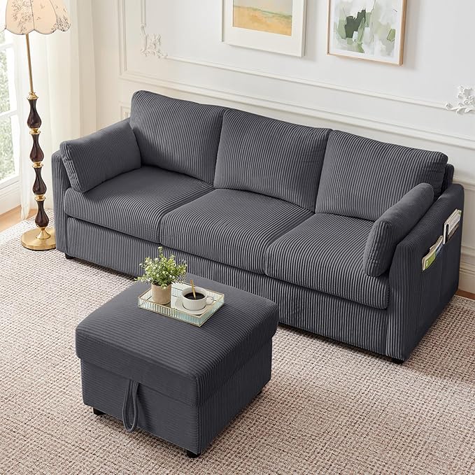 79 L Shaped Couch with Storage Ottoman 3 Seater Corduroy Sofa with 2 Pillows and Storage Pockets Convertible Small Couches for Living Room Apartment Small Spaces Home Office Grey