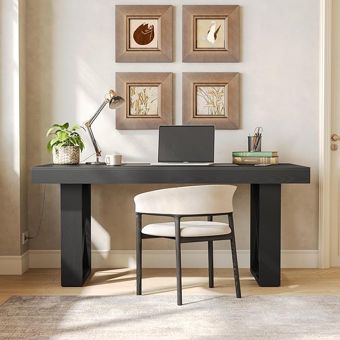 LITTLE TREE 63-Inch Long Computer Desk Simple Wood Thick Appearance Design Study Writing Gaming Work Executive Desk for Home Office Black