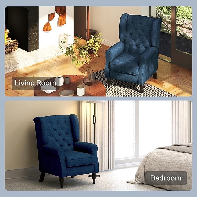 HOMCOM Mid-Century Modern Accent Chair High Wingback Reading Chair Button-Tufted Upholstered Fabric Armchair with Retro Wood Legs for Apartment Living Room Bedroom Blue