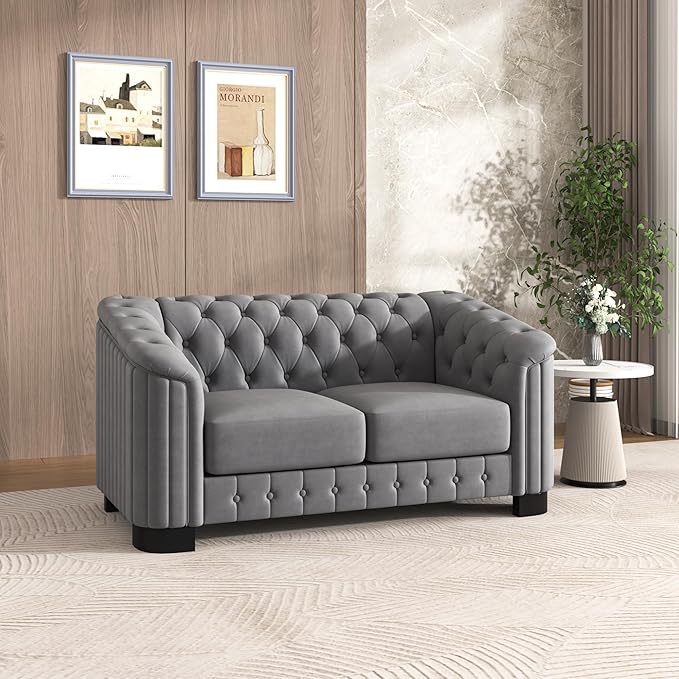 64.3 Velvet Upholstered Loveseat SofaModern Loveseat Sofa with Thick Removable Seat Cushion for Living RoomBedroomor Small SpaceGrey